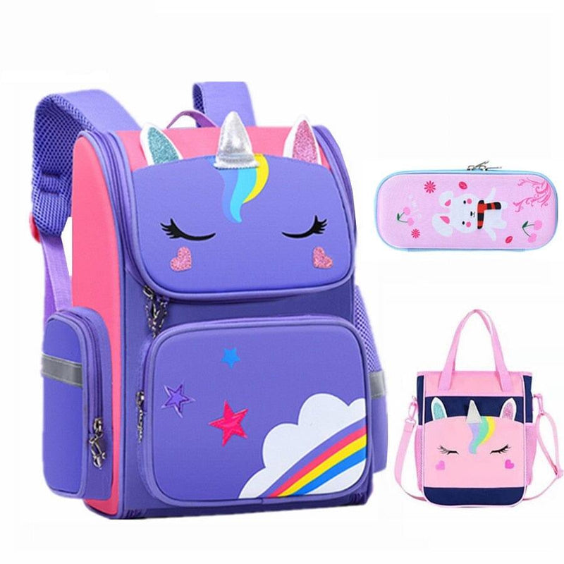 Mochila Escolar Feminina Arco Íris Com Estojo e Lancheira Mochila Escolar - Bolsas 001 Falco Roxo 